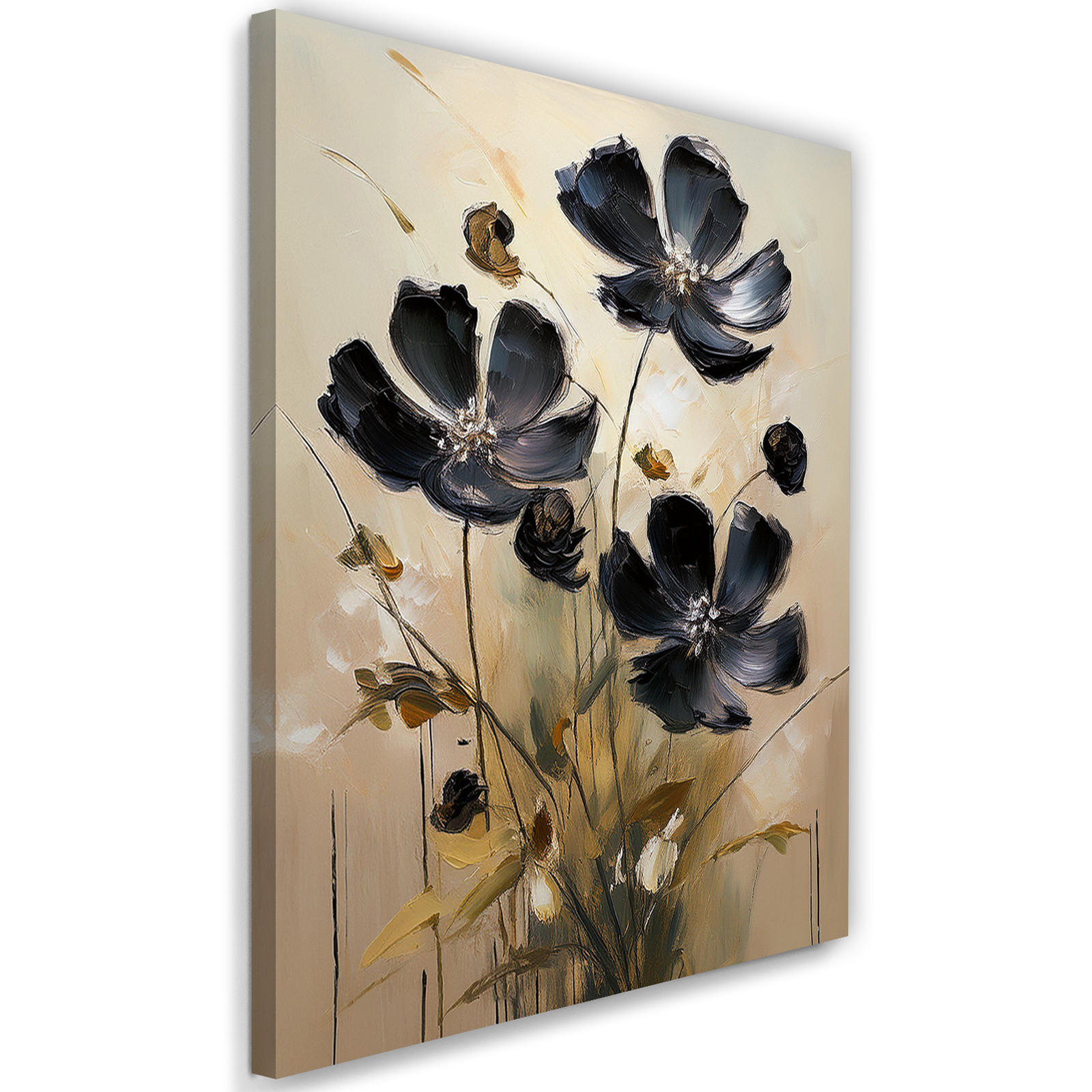 WANDBILD schwarz gemalte botanische blumen - Schwarz, Textil (40/60cm) - Feeby