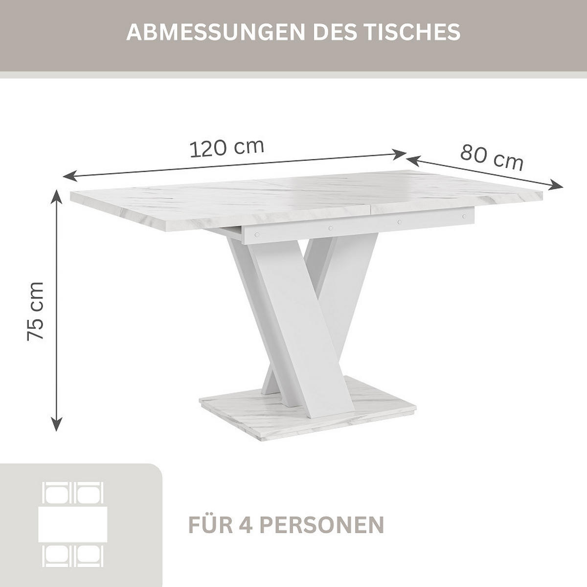 ESSTISCH Bianco Weiß Marmoptik Ausziehbar 120 - 160 cm - Weiß, Holzwerkstoff (120/80/75cm) - PROSPERO