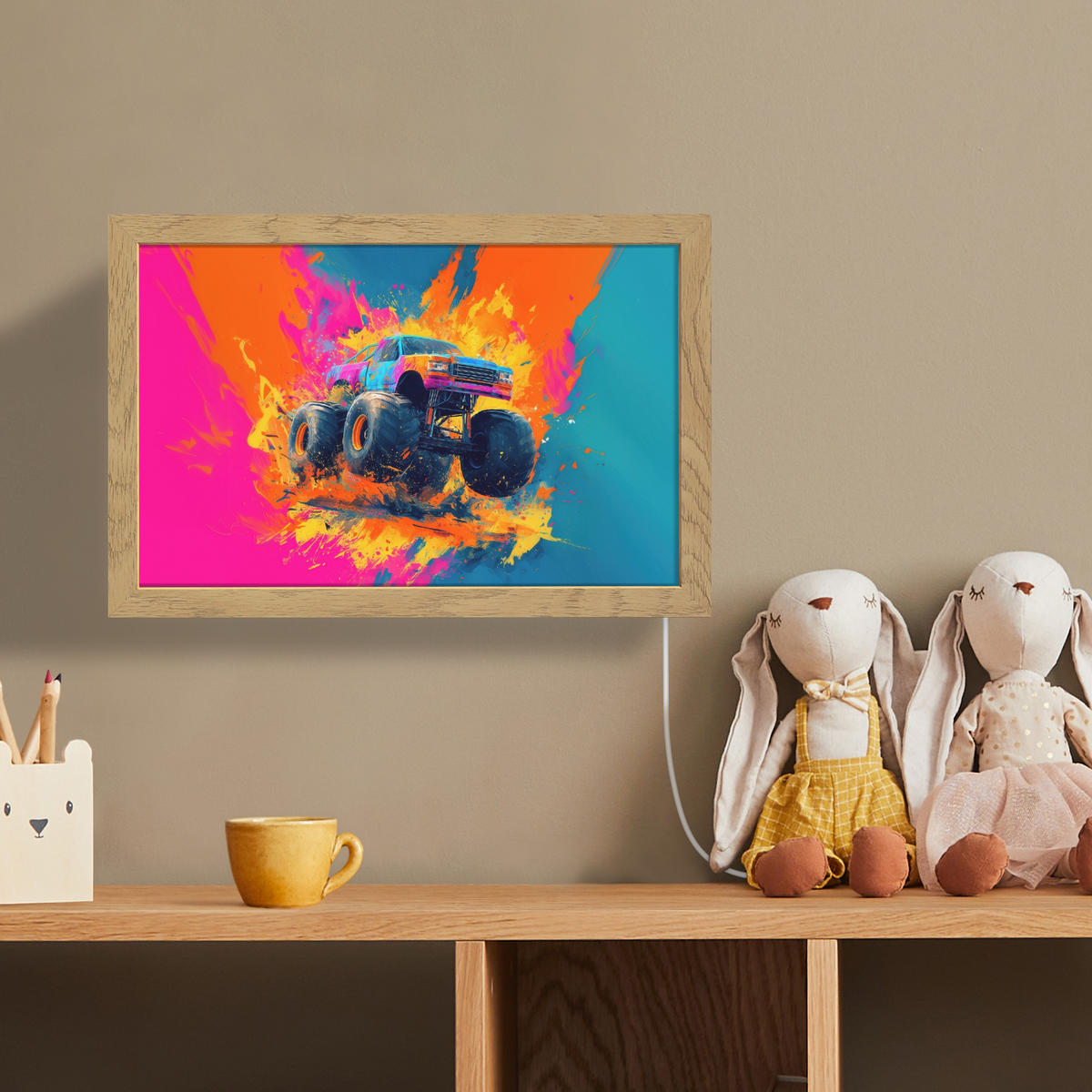 NÁSTĚNNÁ LAMPA Monster truck - Abstraktní - Stříkající barva - Barevné 30x20 cm - růžová, kompozitní dřevo (30/20/8cm) - OnlyWow
