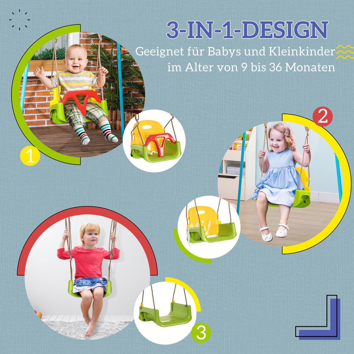 BABYSCHAUKEL mit Anschnallgurt Grün, Rot, Gelb - Grün, Kunststoff (33/42cm) - Outsunny