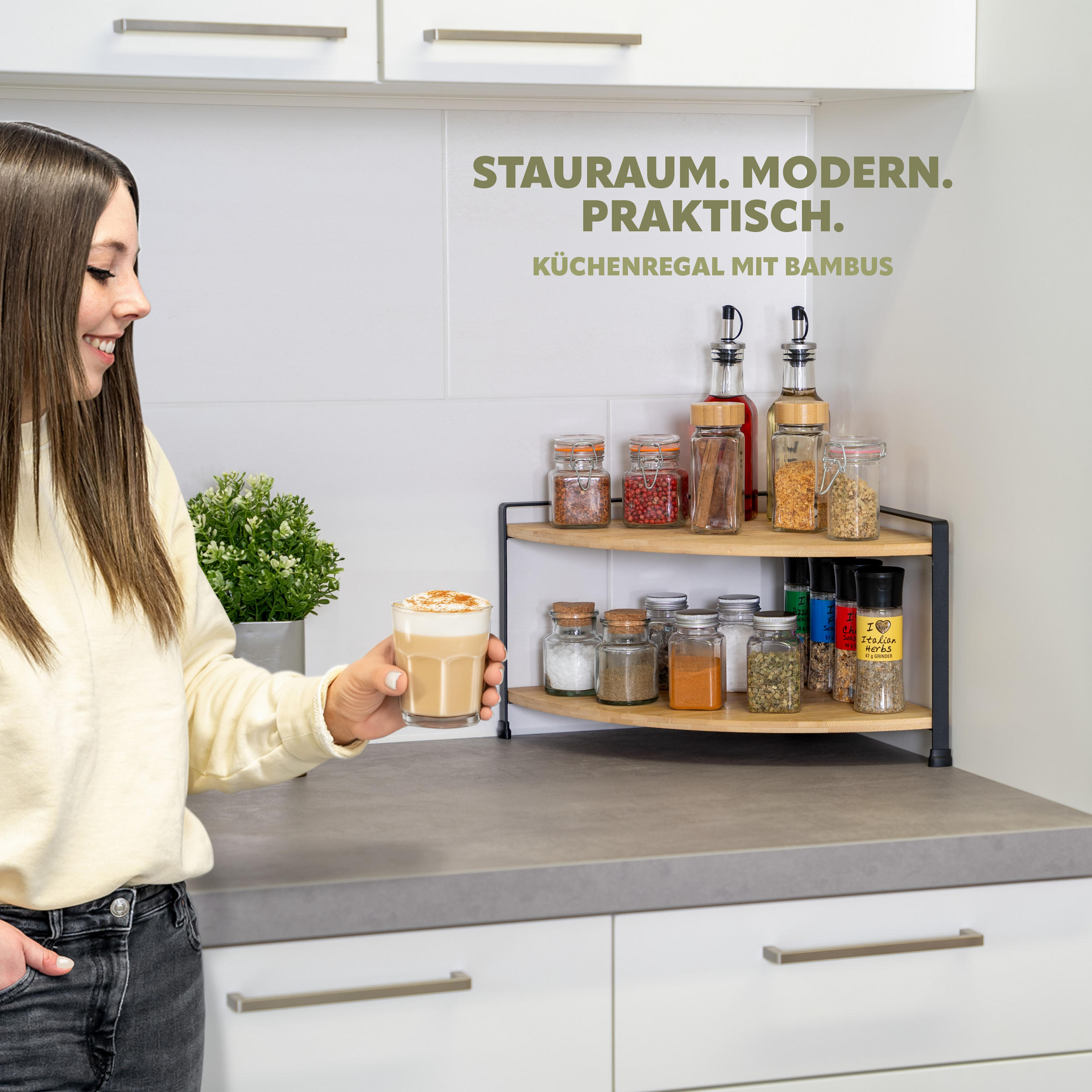 Thumbnail - eluno Gewürz-Eckregal, Schwarz, Holz, 30x21x30 cm, Küchenzubehör, Vorratsbehälter, Gewürzgläser