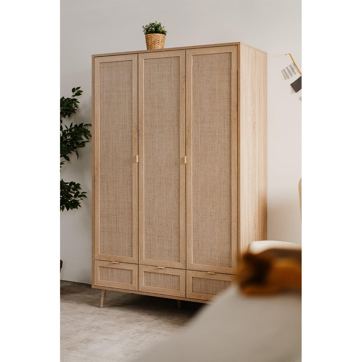 SCHRANK mit 3 Türen, 3 Schubladen, 2 Kleiderstangen L120cm - Rattan-Druck - Bali - Apfelbaumfarben, Holzwerkstoff (55/195/120cm) - Calicosy