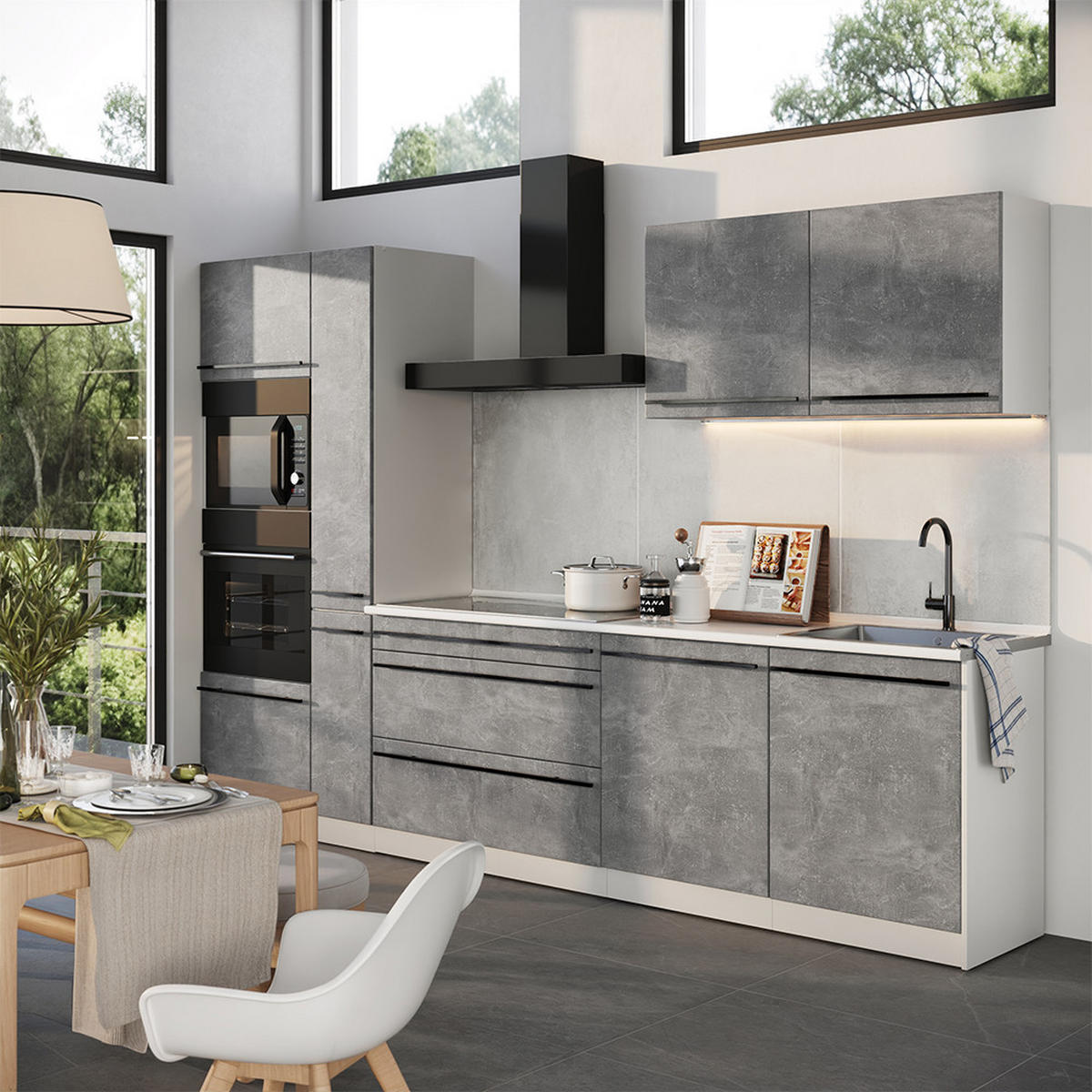 KUCHYŇSKÝ KOUT R-Line, Beton/Bílá, 310 cm pracovná doska Dub Goldkraft - šedá/bílá, kompozitní dřevo (310/206.8/60cm) - Vicco