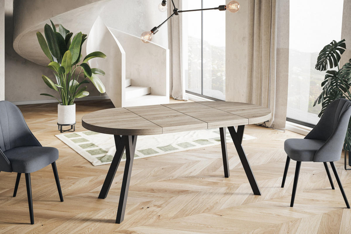 ESSZIMMERTISCH OVO, ausziehbarer Tisch 110 cm bis 210 cm, Farbe: SONOMA, mit Holzbeinen in Farbe Schwarz - Schwarz/Sonoma Eiche, Holzwerkstoff (110/110/77cm) - Alpi-Möbel