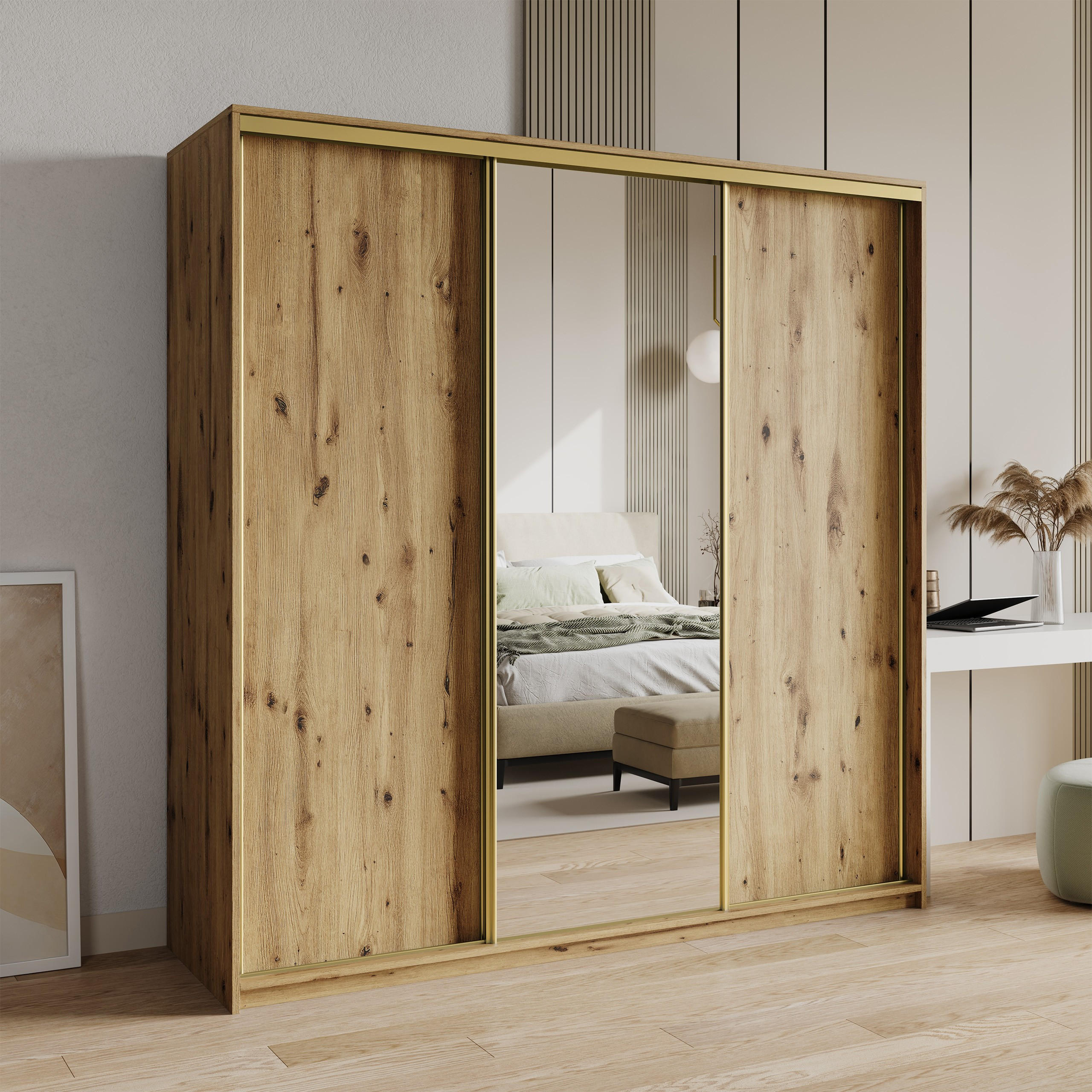 SCHWEBETÜRENSCHRANK TAVI 180/205/60 cm 3-türig mit Spiegel und Schubladen Eiche Artisan - Goldfarben/Eiche Artisan, Holzwerkstoff (180/205/60cm) - MASSENO