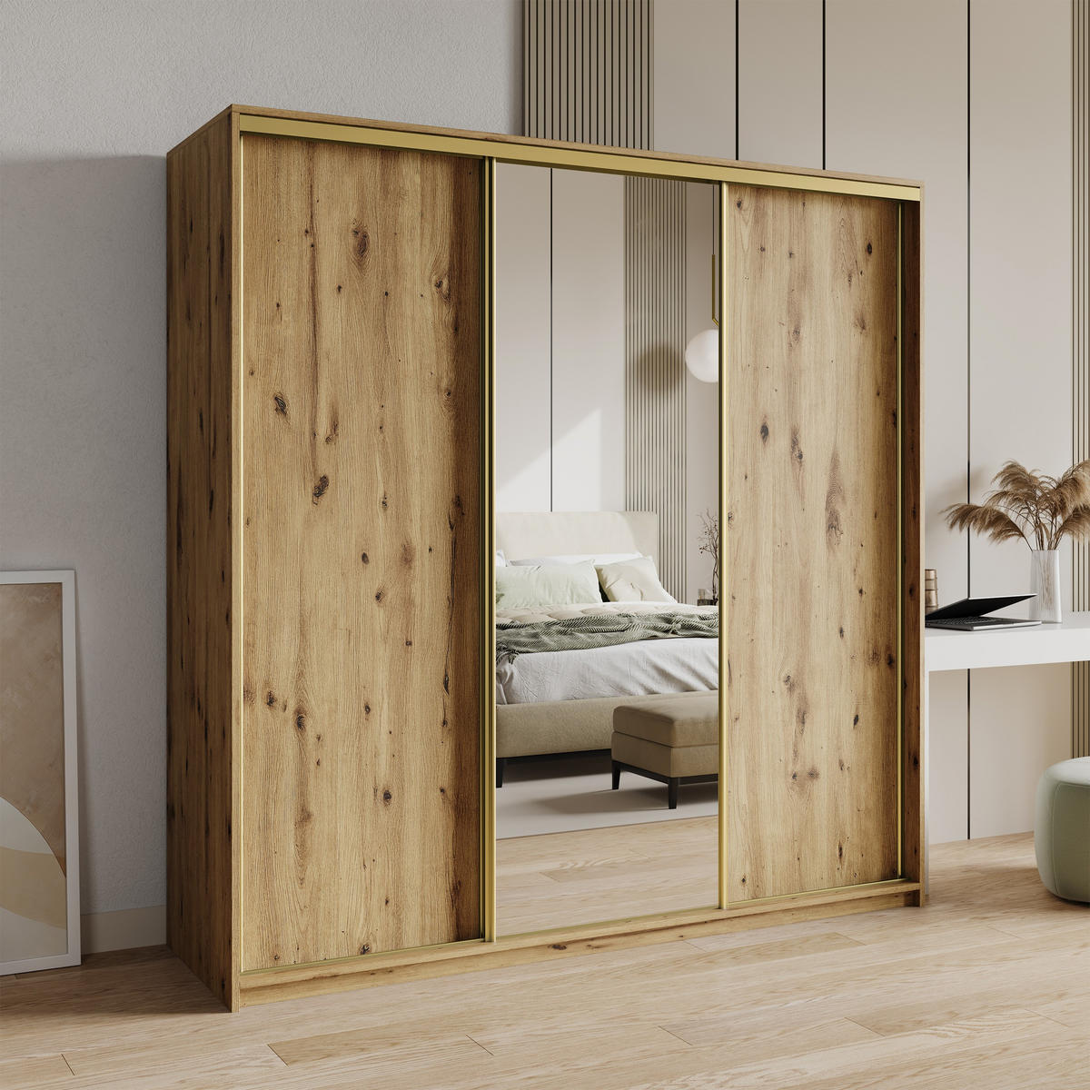 SCHWEBETÜRENSCHRANK TAVI 180/205/60 cm 3-türig mit Spiegel und Schubladen Eiche Artisan - Goldfarben/Eiche Artisan, Holzwerkstoff (180/205/60cm) - MASSENO