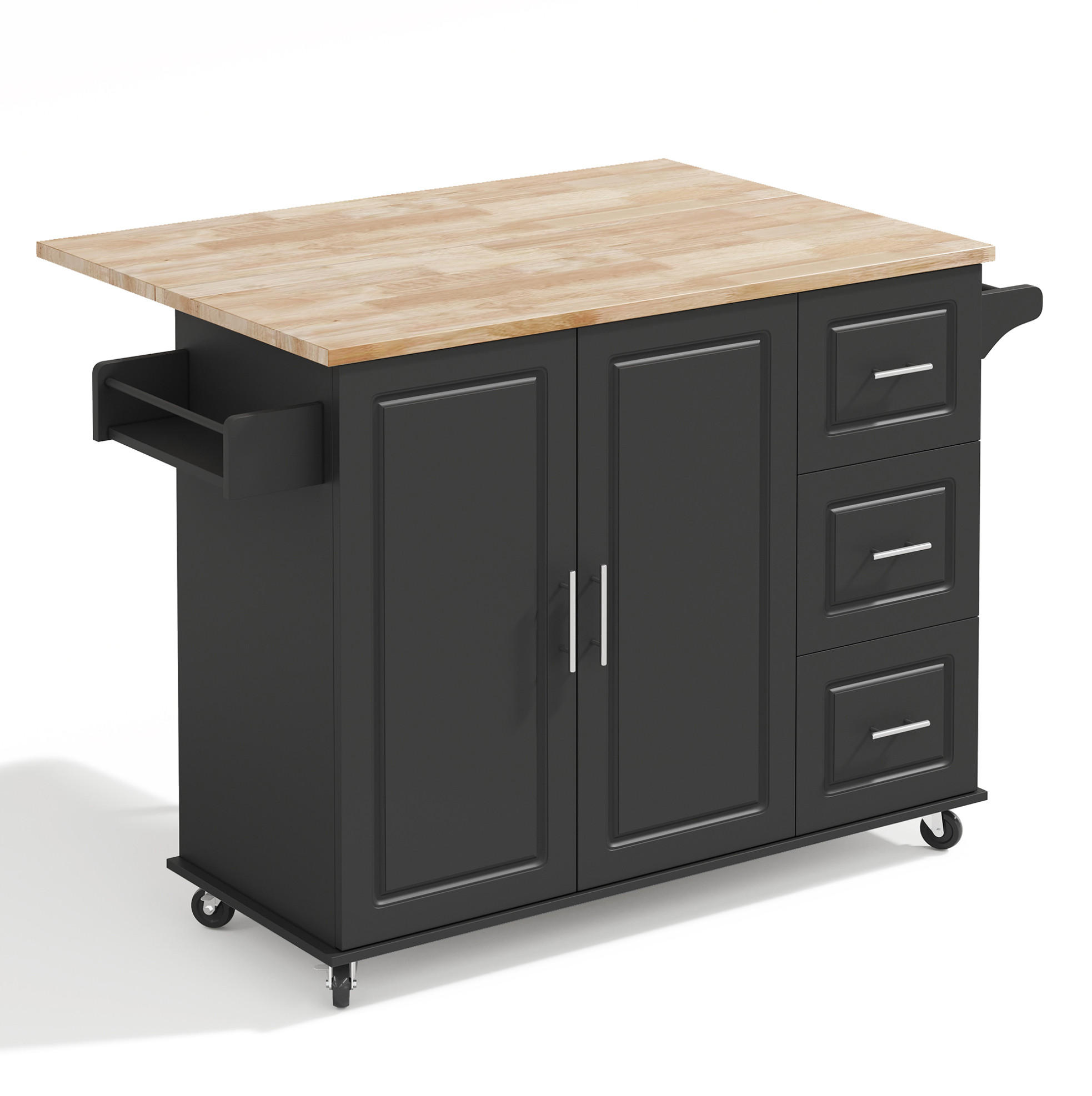 KÜCHENINSEL 137x76x92cm Schwarz mit Klappplatte, Schrank, 3 Schubladen & Rollen - Schwarz, Holzwerkstoff (137/92/76cm) - Modfu