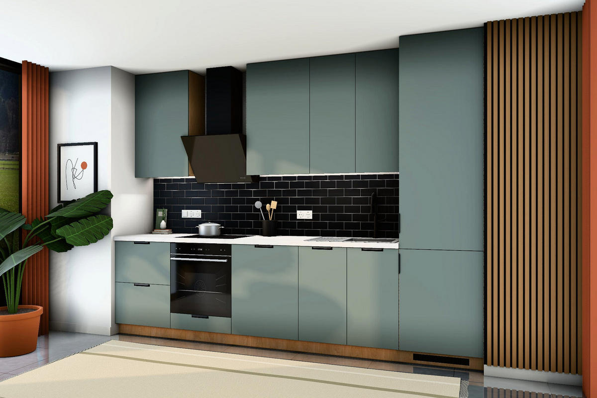 KÜCHENZEILE Sorento Grün & Sonoma Eiche – 320 cm – KÜ-SORENTO3-001 - Grün, Holzwerkstoff (320/247/58cm) - ROYAL24_MARKT