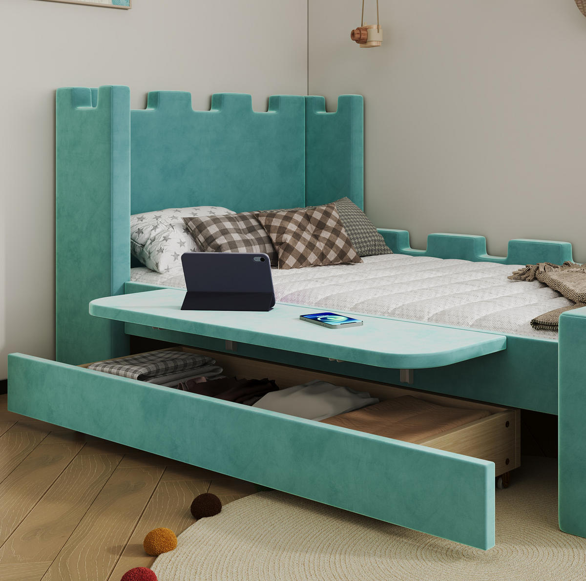BETT mit Schublade und Klappablage 90x200 cm Samt Blaugrün - Blau, Holzwerkstoff (90/200cm) - Beauniv