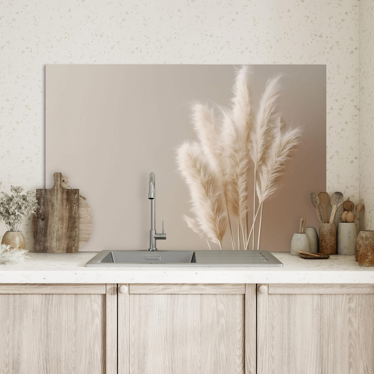 SPRITZSCHUTZ KÜCHE Pampasgras - Federn - Pastell - Weiß 90x60 cm - Creme, Metall (90/0.3/60cm) - MuchoWow