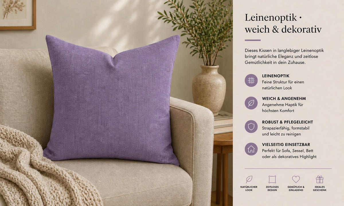 KISSENBEZUG Leinenoptik 60/60 cm Flieder - Flieder, Textil (60/60cm) - TiborTex