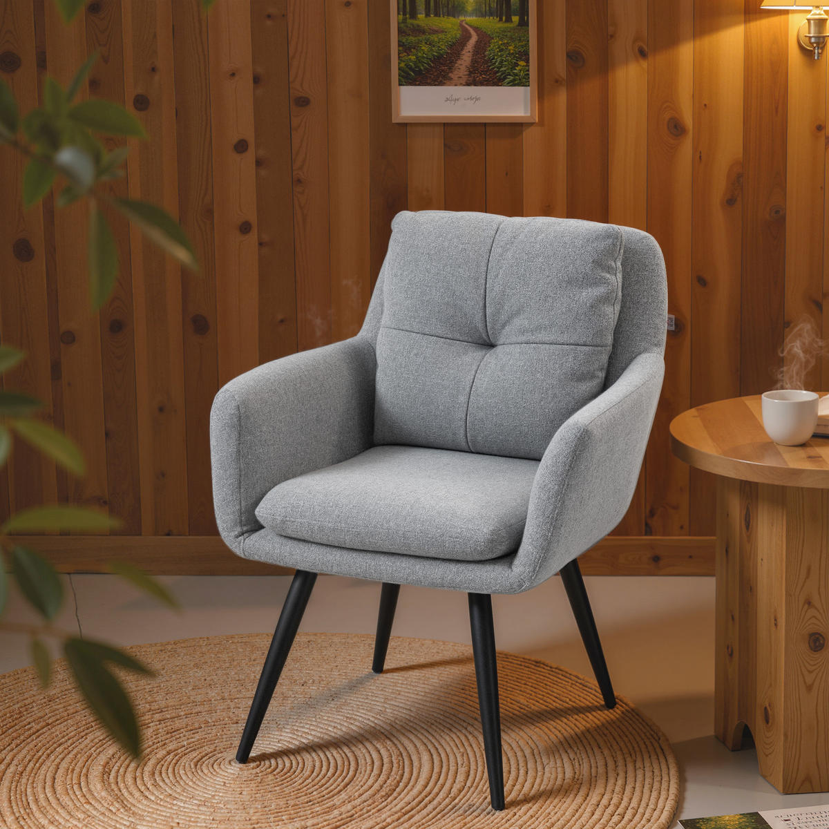 MODERNER Akzentstuhl, Polsterstuhl mit Metallbeinen, Leinenoptik, Hellgrau - Hellgrau/Schwarz, Textil/Metall (65/86/72cm) - HOMCOM