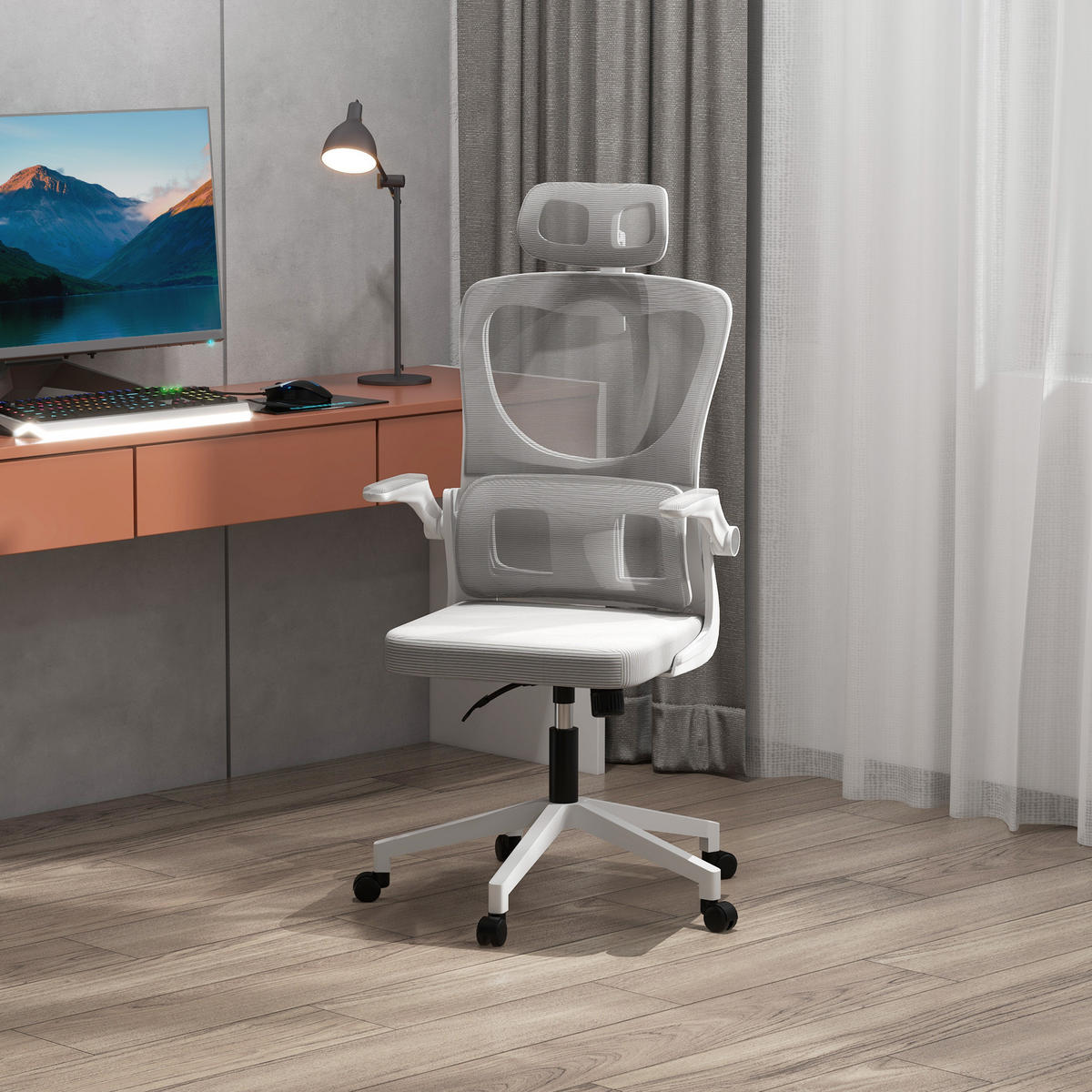 BÜROSTUHL, höhenverstellbar, verstellbare Kopfstütze, bis 120 kg, 60x59x114-122 cm, Grau - Grau, Textil (59/122/60cm)