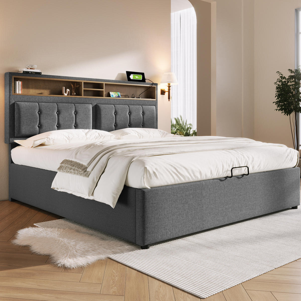 POLSTERBETT 160/200 cm Grau aus Leinen mit Stauraum und USB-C - Grau, Textil (160/200cm) - OKMYHOME