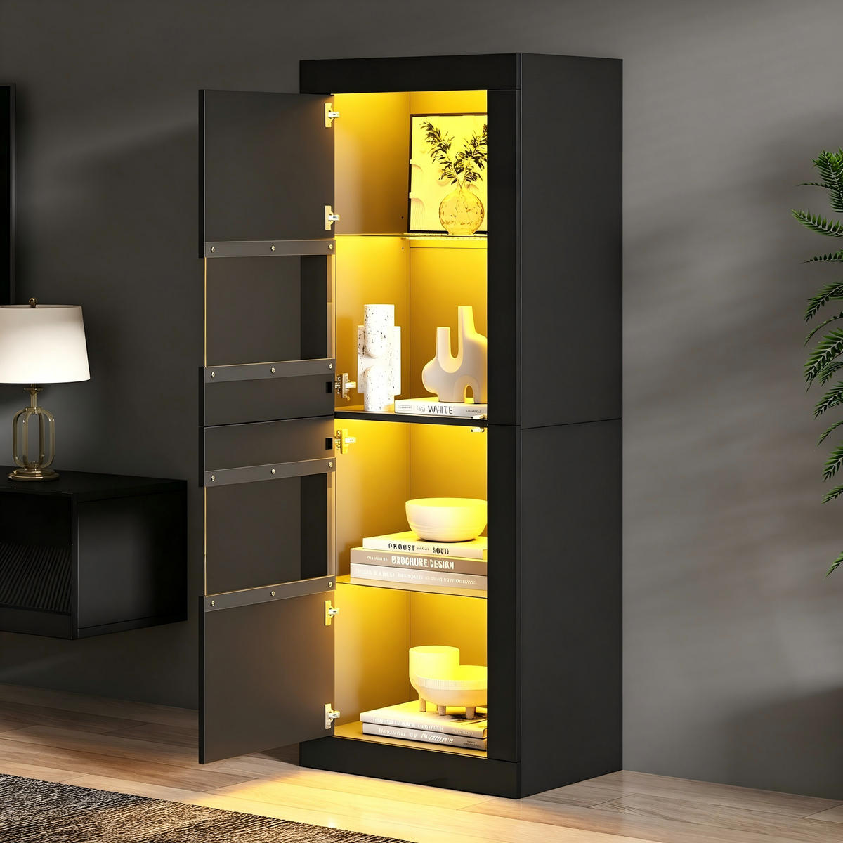 VITRINE DE-37762 mit LED-Beleuchtung und Glasböden Schwarz - Schwarz, Holzwerkstoff (61/162/42cm) - ComfortXL