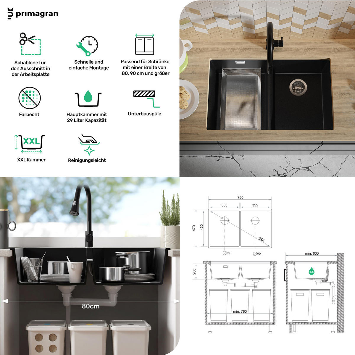 UNTERBAUSPÜLE GRANIT London Twin, 2-er set Weiß 76/47 cm 2 Becken + Küchenarmatur 32/20 cm + Ablauf-Set ab 80er Unterschrank - Chromfarben/Weiß, Kunststoff (76/20/47cm) - Primagran