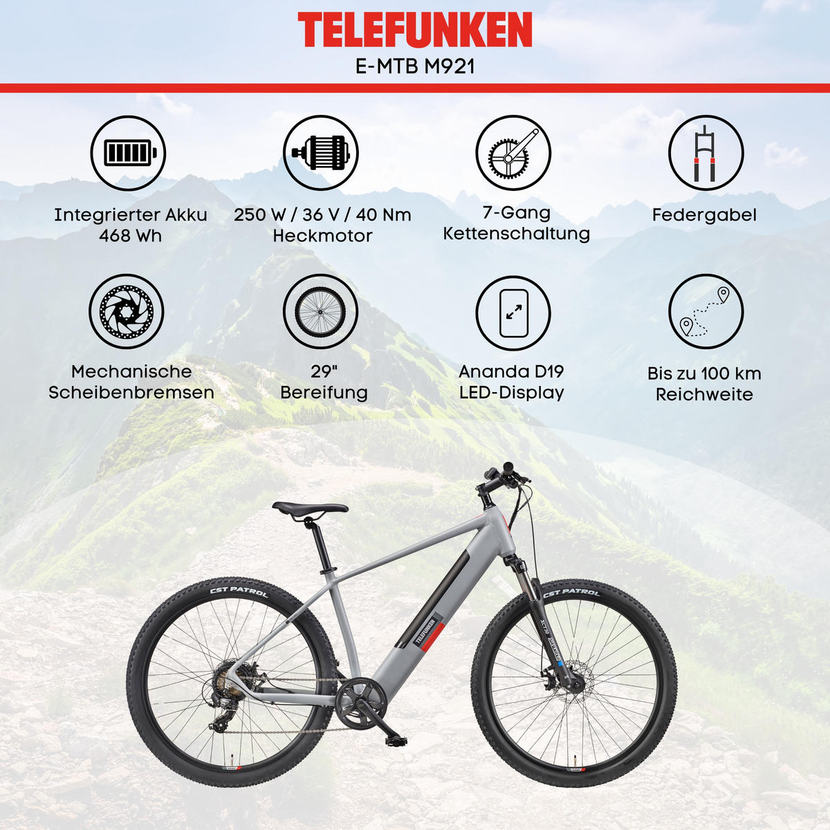 E-BIKE Mountainbike Aufsteiger M921 | Für Damen u. Herren | 468 Wh | Heckmotor | 7-Gang-Kettenschaltung | 29 Zoll - Grau, Metall (114.6cm) - Telefunken