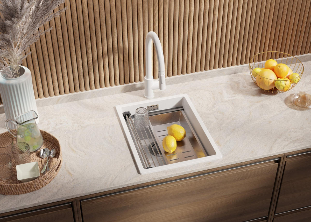 GRANITSPÜLE Praga Slim, 2-er set Weiß 36/47 cm 1 Becken + Küchenarmatur 40/20 cm + Ablauf-Set + Aufrollbare Abtropffläche ab 40er Unterschrank - Chromfarben/Weiß, Kunststoff (36/20/47cm) - Primagran