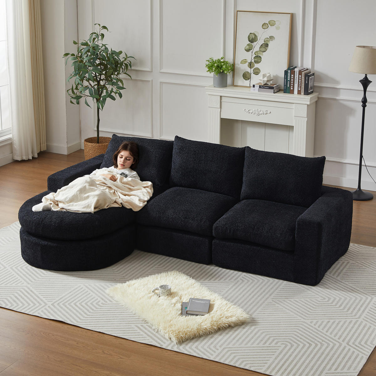 ECKSOFA aus Chenille Schwarz mit verstellbarer Chaiselongue, 4 Modulen und ohne Montage - Schwarz, Textil (250/160cm) - Modfu
