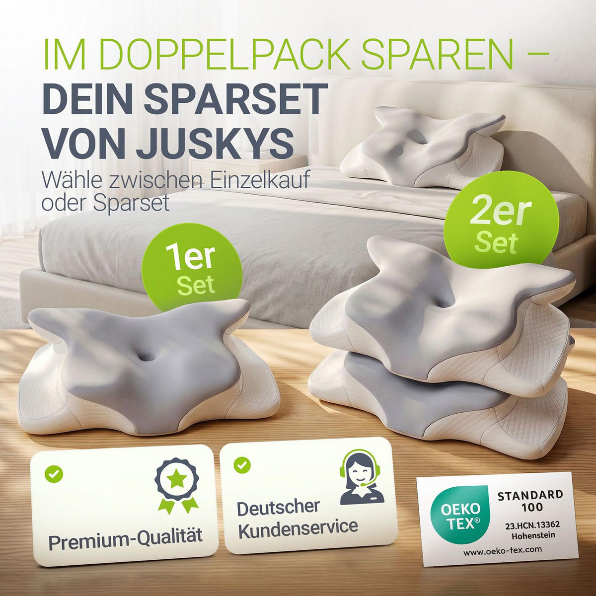 NACKENKISSEN weiß / grau (2er Set) - Weiß, Textil (41/63cm) - Juskys