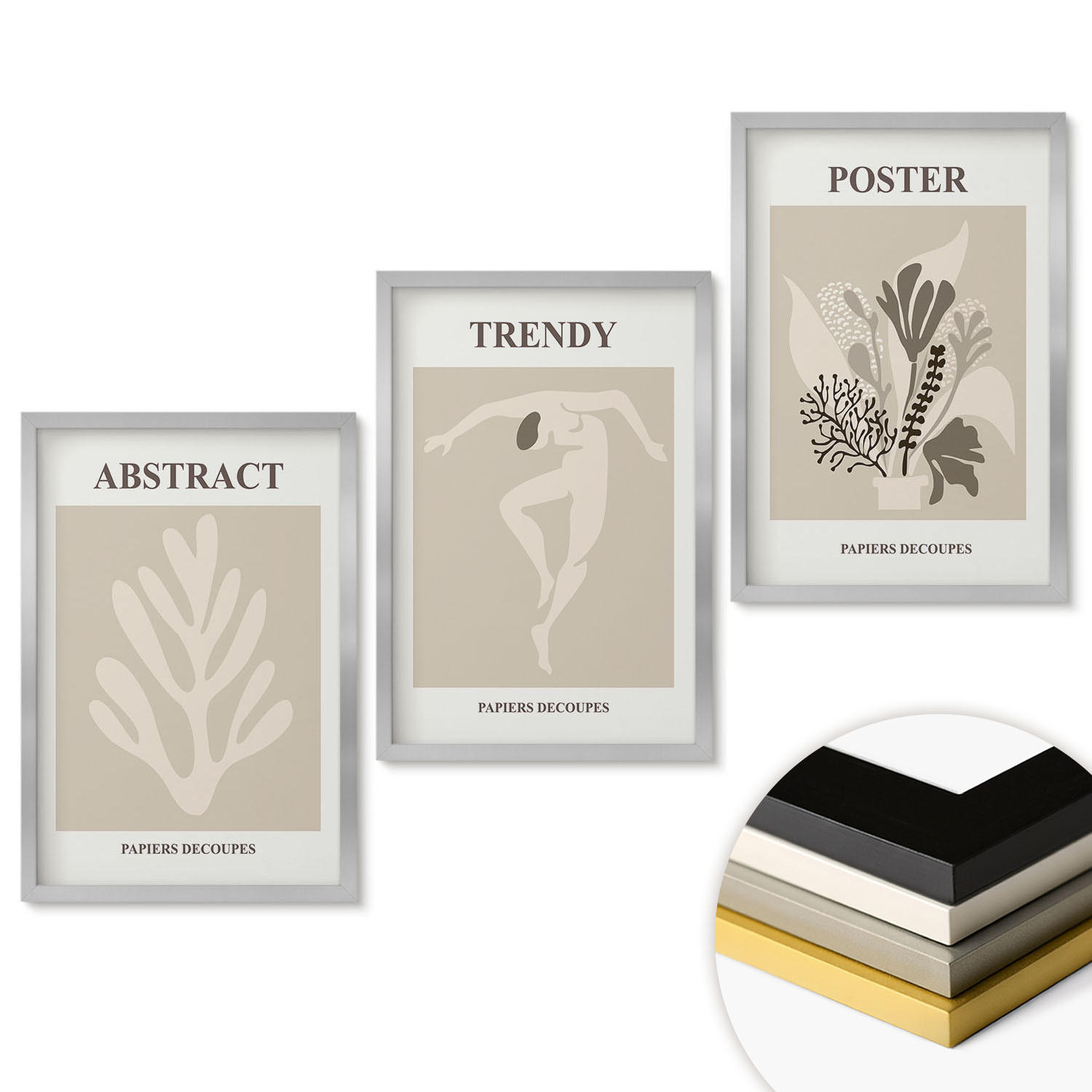 WANDBILDER 3er Set - 40x60 cm Silberner Rahmen - Blumenmuster beige braun - Silberfarben, Kunststoff (40/60cm) - ArtPrintCave