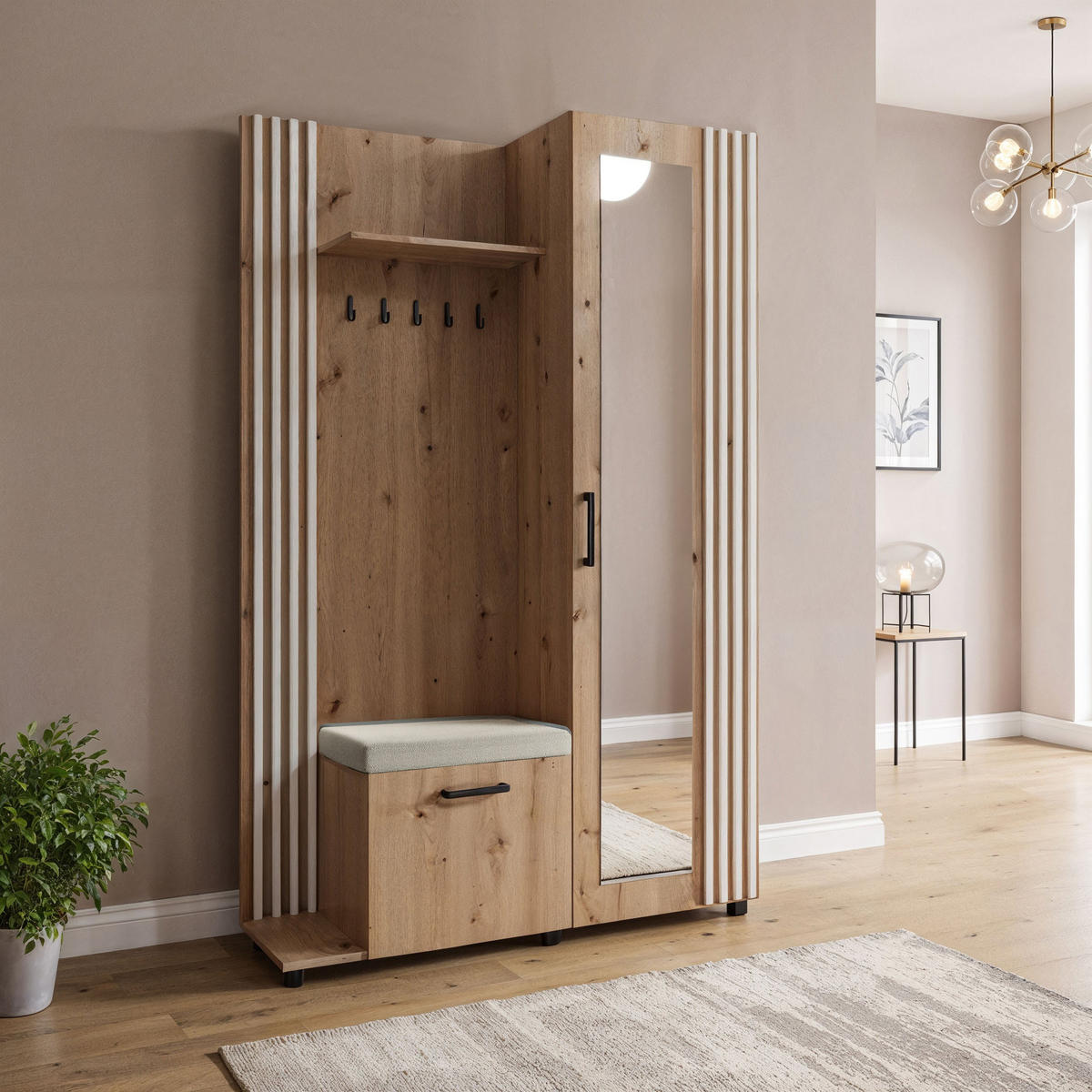 GARDEROBE Linaro mit Spiegel, Sitzbank in Lamellen-Optik 137/207/42 cm, Links - Schwarz/Braun, Holzwerkstoff (137/207/42cm) - WFL GROUP