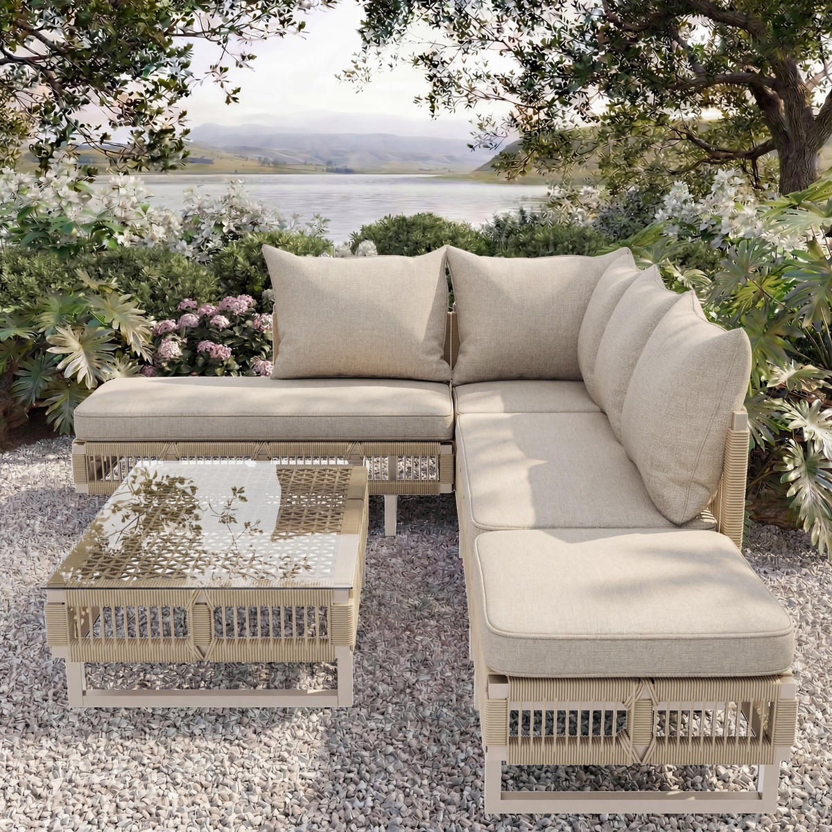 LOUNGESET, Seilgeflecht, Verstellbare Füße, Glas-Couchtisch, Beige - Beige, Metall - FLIEKS