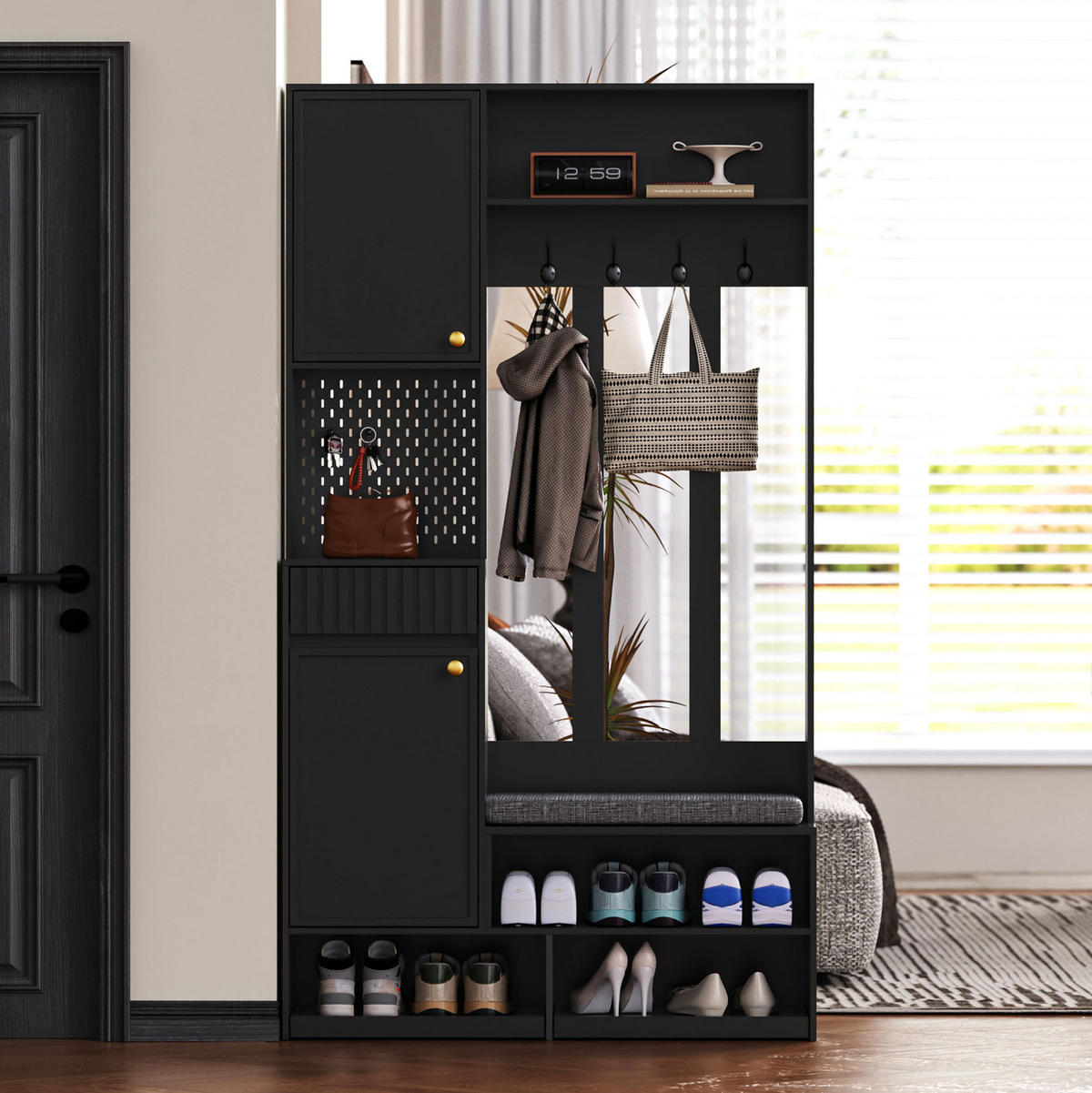 GARDEROBE 35/100/180 cm schwarz aus MDF mit Sitzbank und Schubladen - Schwarz, Holzwerkstoff (100/180/35cm) - OKWISH