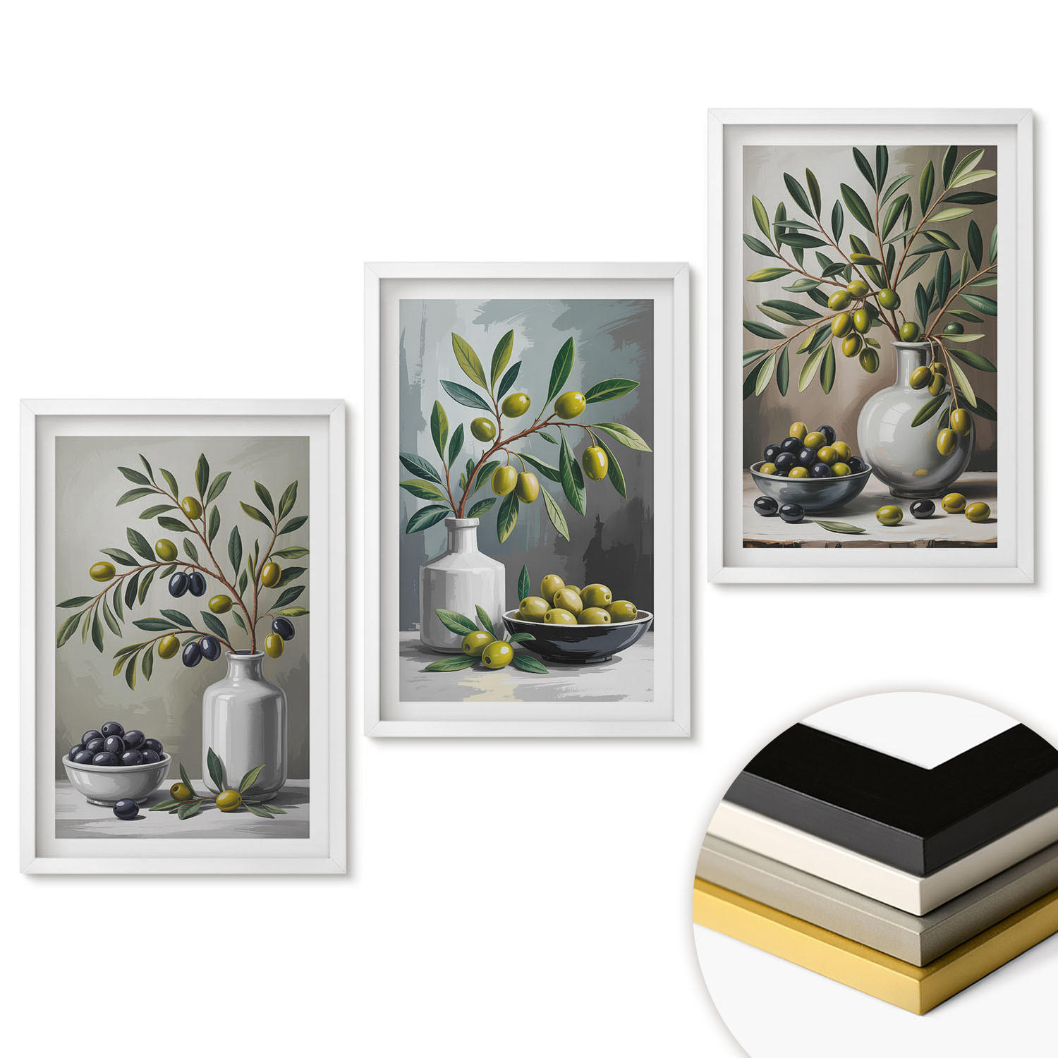 WANDBILDER 3er-Set - 40x60 cm Weißer Rahmen - Keramik olivgrau - Weiß, Kunststoff (40/60cm) - ArtPrintCave