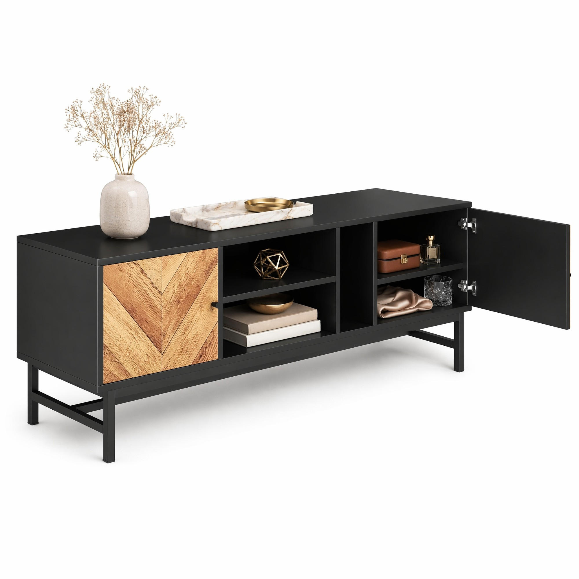LOWBOARD in Schwarz und Naturfarben TV-Schrank mit vielseitigem Stauraum für Wohnzimmer, B150/T38/H55 cm - Schwarz/Naturfarben, Holzwerkstoff/Metall (150/55/38cm) - STILVORA