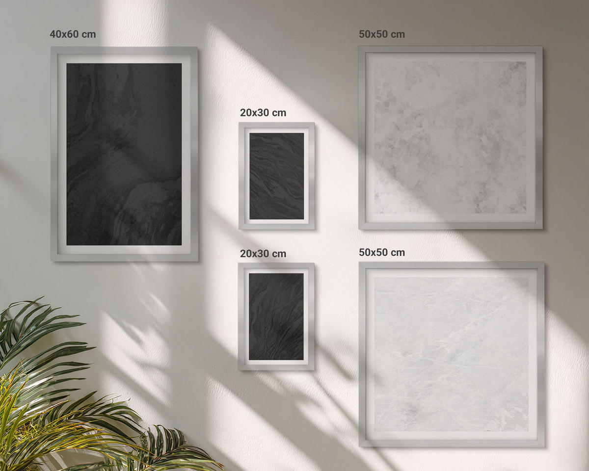WANDBILDER 5er Set - 50x50 cm & 20x30 cm & 40x60 cm Silberner Rahmen - Dunkles Licht, glamouröse Marmor - Silberfarben, Kunststoff (40/60cm) - ArtPrintCave