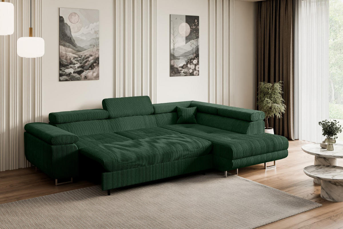 ECKSOFA mit Schlaffunktion und Bettkasten GUSA-L 272x202x107 cm Grün Cord - Silberfarben/Grün, Holzwerkstoff/Textil (272/202cm) - ALTDECOR