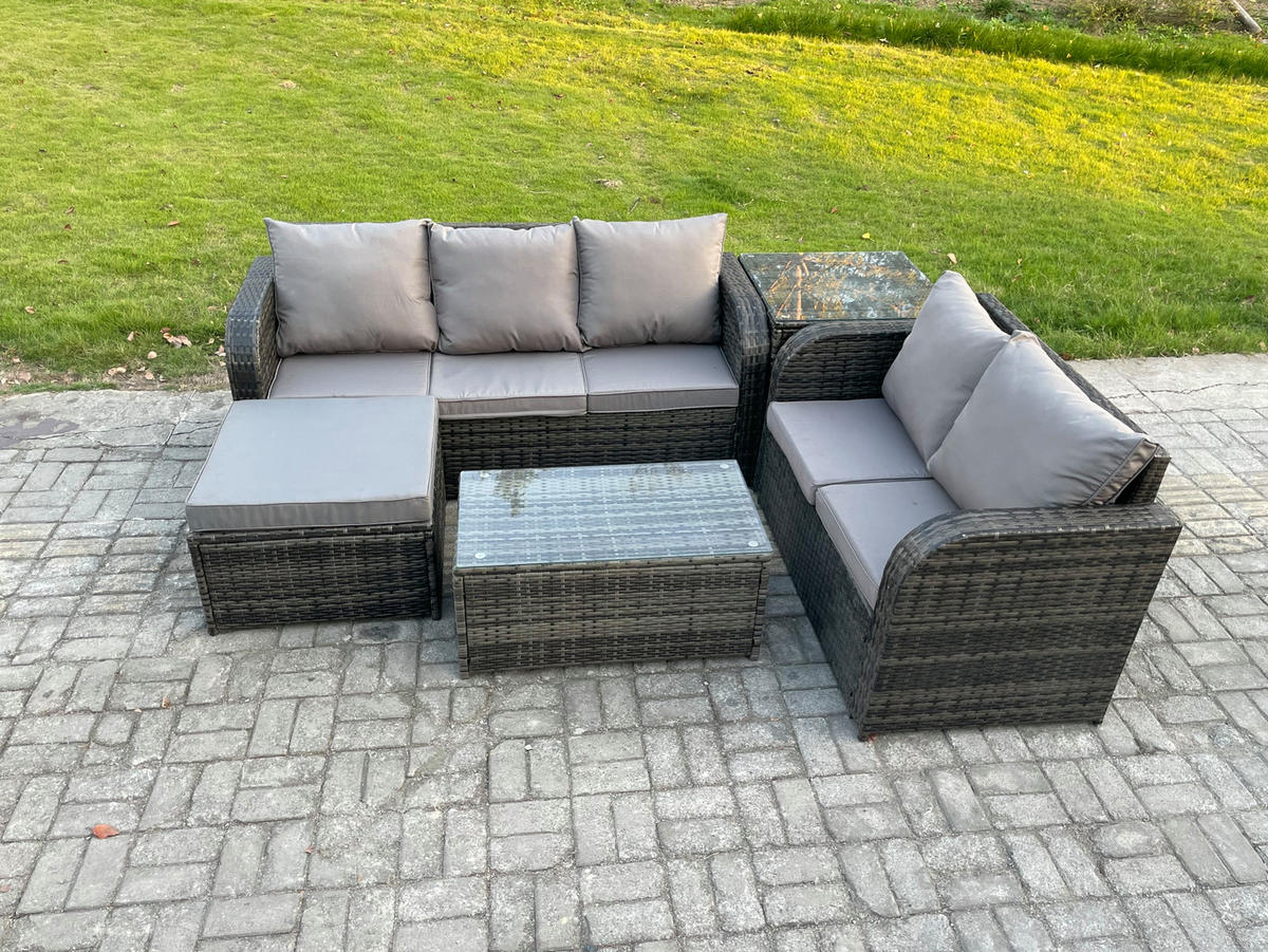 GARTENMÖBELSET mit Couchtisch Polyrattan 6-Sitzer - Dunkelgrau/Grau, Glas/Kunststoff - Fimous