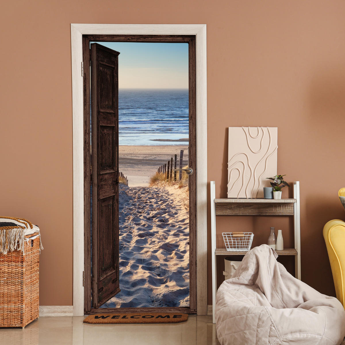 FOTOTAPETE Tür - Fensterblick - Strand - Meer - Weg - Dünen 75x205 cm - Sandfarben, Kunststoff (75/0.1cm) - MuchoWow