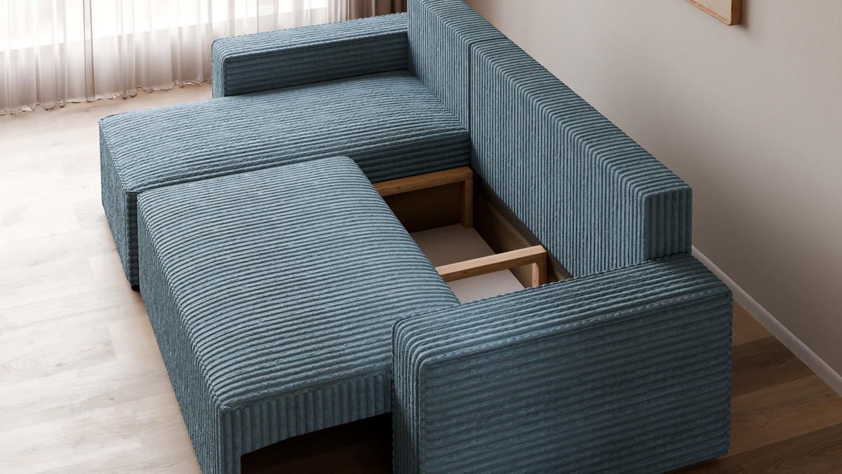 ECKSOFA Tobi mit Bettkasten und Schlaffunktion, L-Form, Cordstoff, Universal - Pastellblau, Holzwerkstoff (246/145cm) - 4ALL HOME