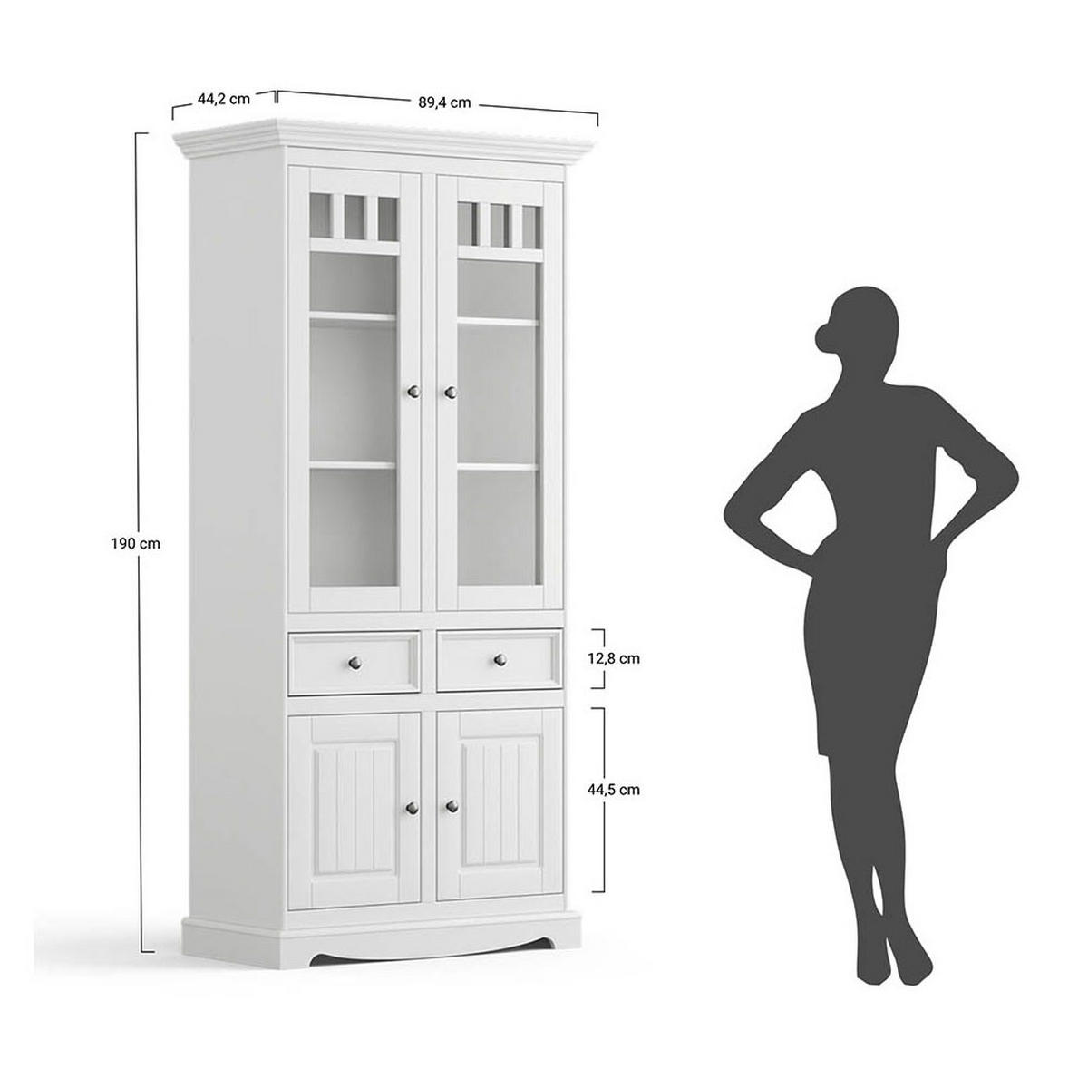 VITRINE Belluno Elegante Kiefer weiß (RAL9010) lackiert 89 / 44 / 190cm - Weiß, Holz/Holzwerkstoff (89/190/44cm) - Feldmann-Wohnen