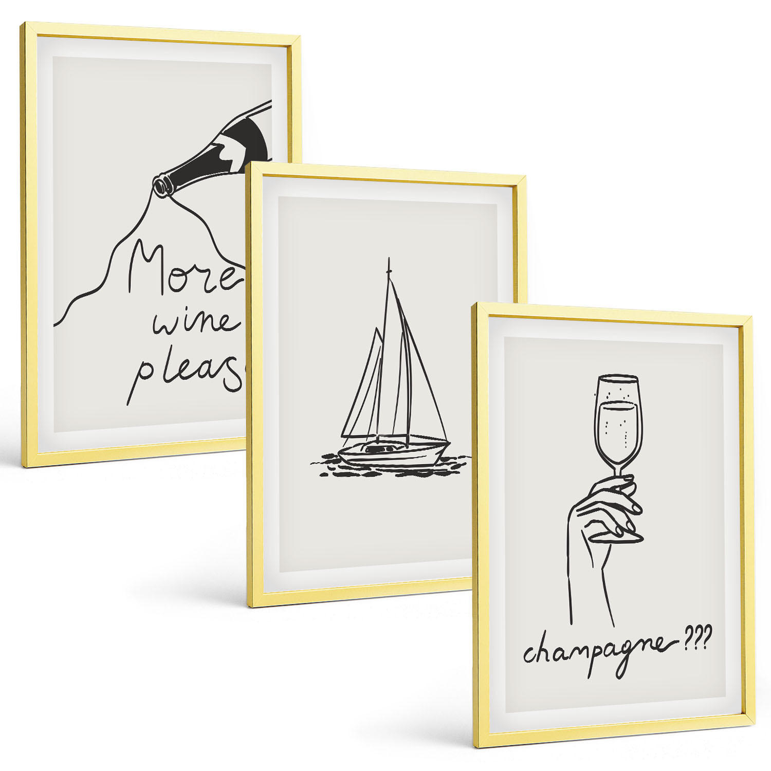 BILDER SET 3er Set - 40x60 cm Goldrahmen - Weinsegelboot-Glas-Linienzeichnung - Goldfarben, Kunststoff (40/60cm) - TULUP