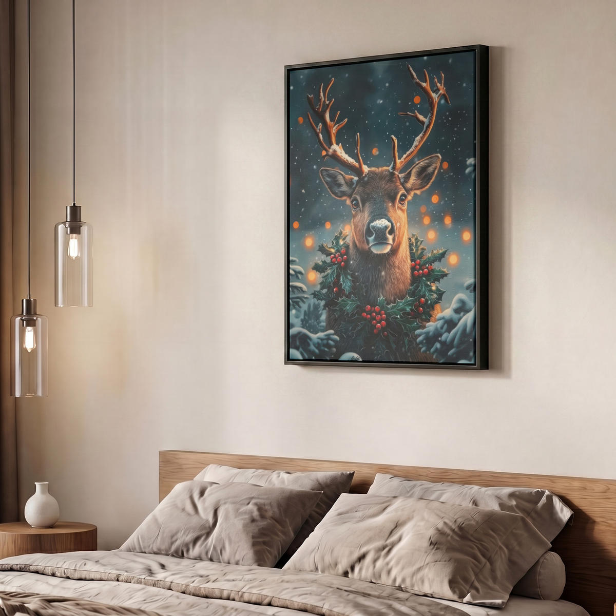 LEINWAND Bilder mit Rahmen - Hirsch - Weihnachten - Winter - Schnee - Weihnachtskranz - 50x70 - Dunkelbraun, Textil (50/70cm) - MuchoWow