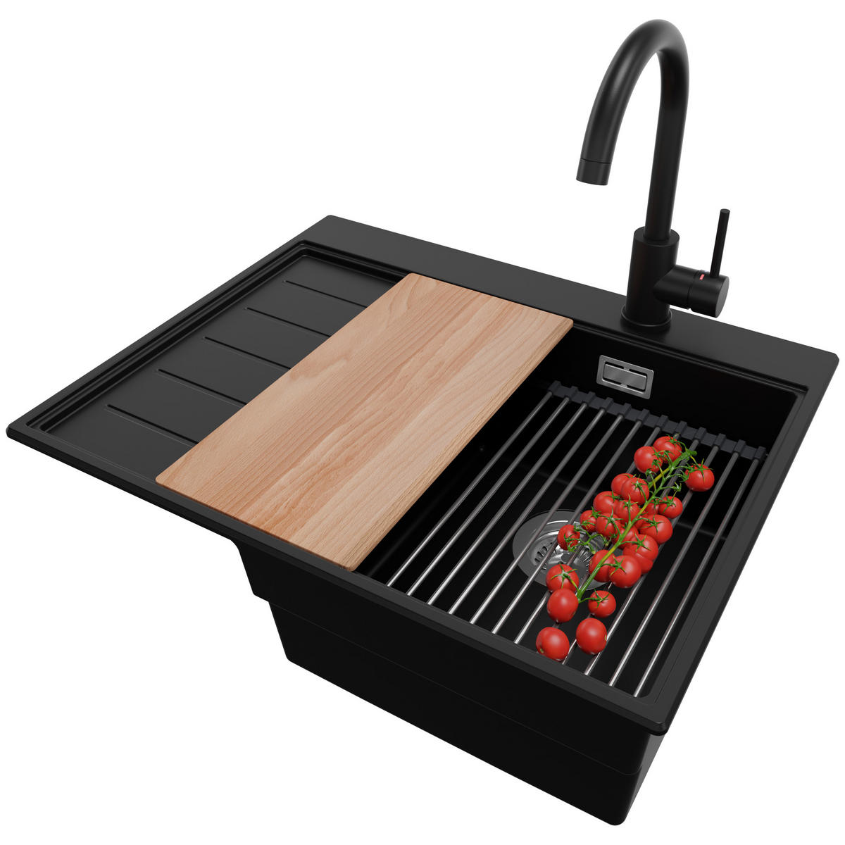 GRANITSPÜLE Sydney, 2-er set Schwarz 62/50 cm 1 Becken + Küchenarmatur 32/20 cm + Ablauf-Set + Küchenzubehörset ab 40er Unterschrank - Chromfarben/Beige, Kunststoff (62/20/50cm) - Primagran