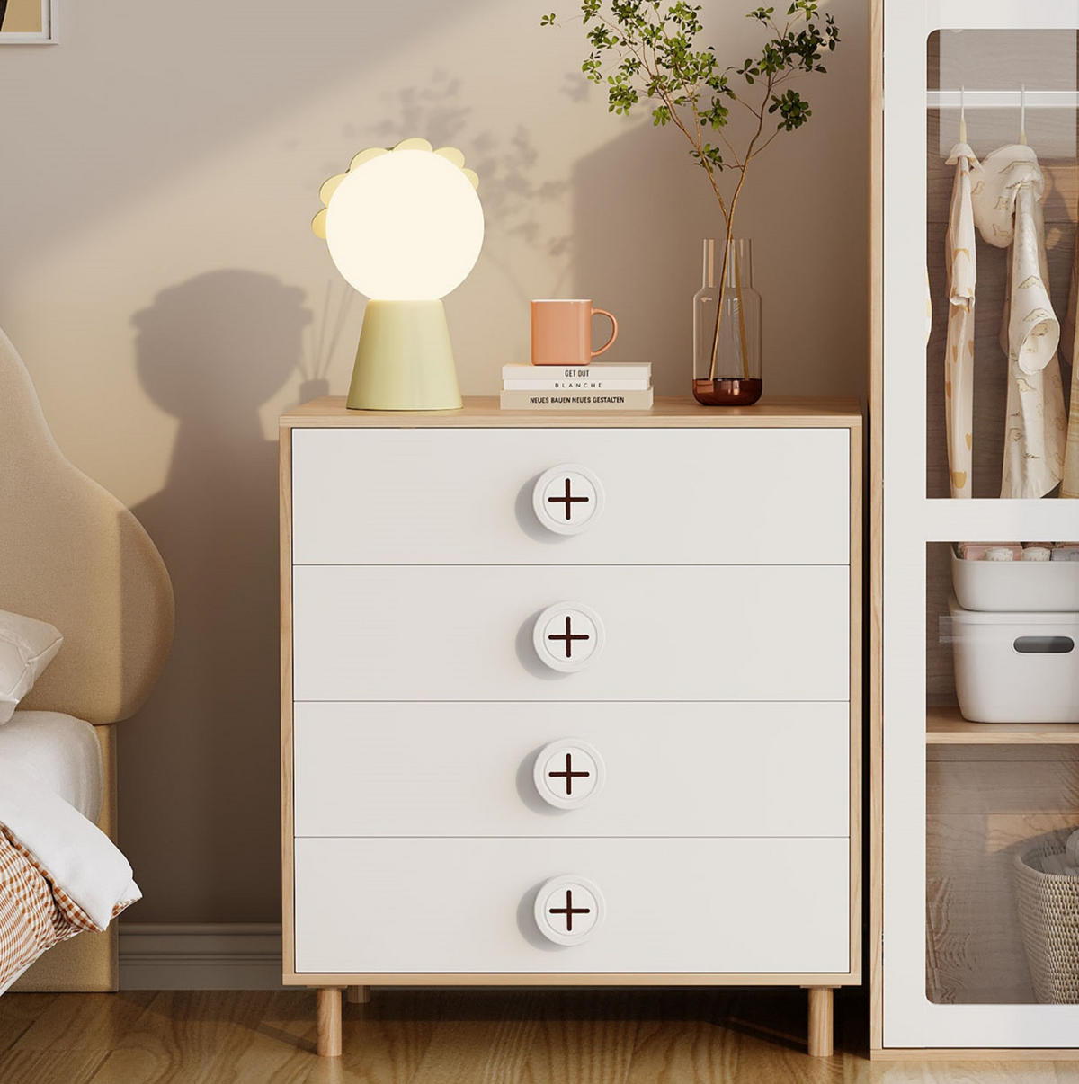 KOMMODE 80/54/90 cm mit 4 Schubladen und Kippschutz in Weiß/Natur - Naturfarben, Holzwerkstoff (54/90/80cm) - BEAOK