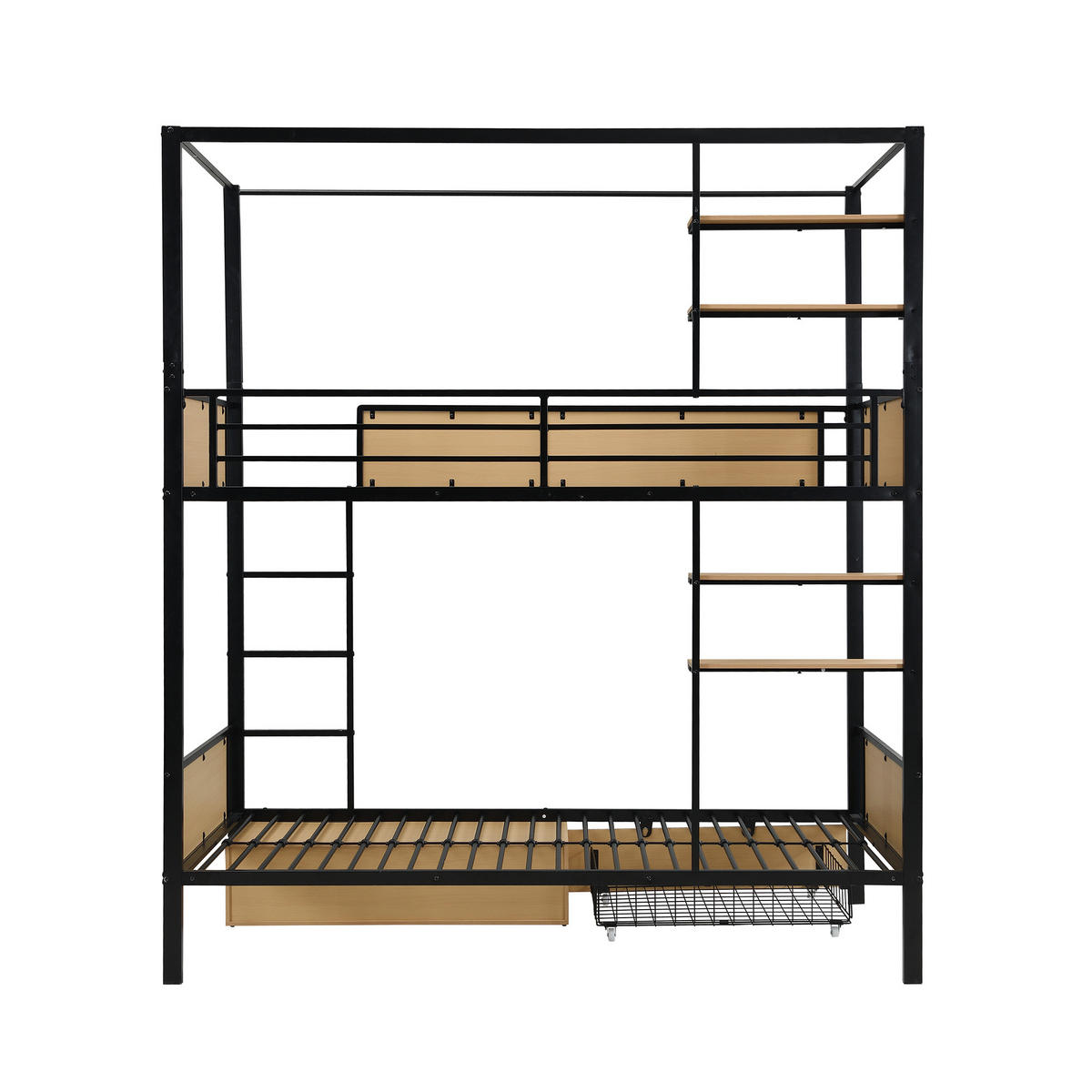 ETAGENBETT aus MDF und Metall 90x200 cm in Schwarz/Natur mit Stauraum - Schwarz, Holzwerkstoff (90/200cm) - Modfu