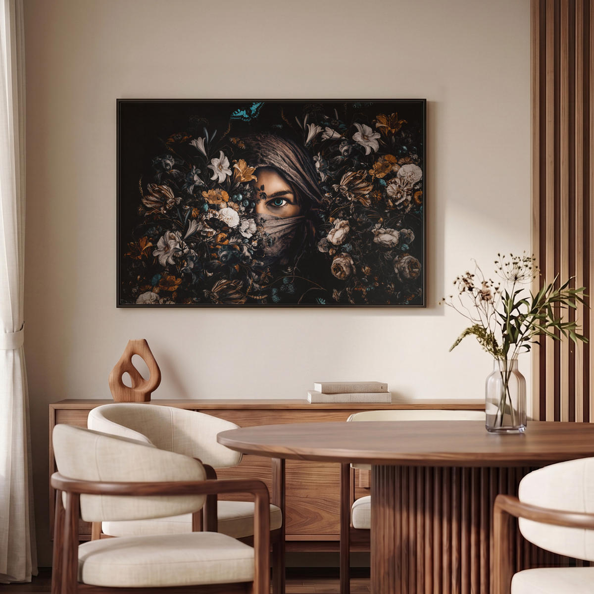 LEINWAND Bilder mit Rahmen - Frau - Luxus - Blumen - Schmetterling - Porträt - 90x60 - Schwarz, Textil (90/60cm) - MuchoWow