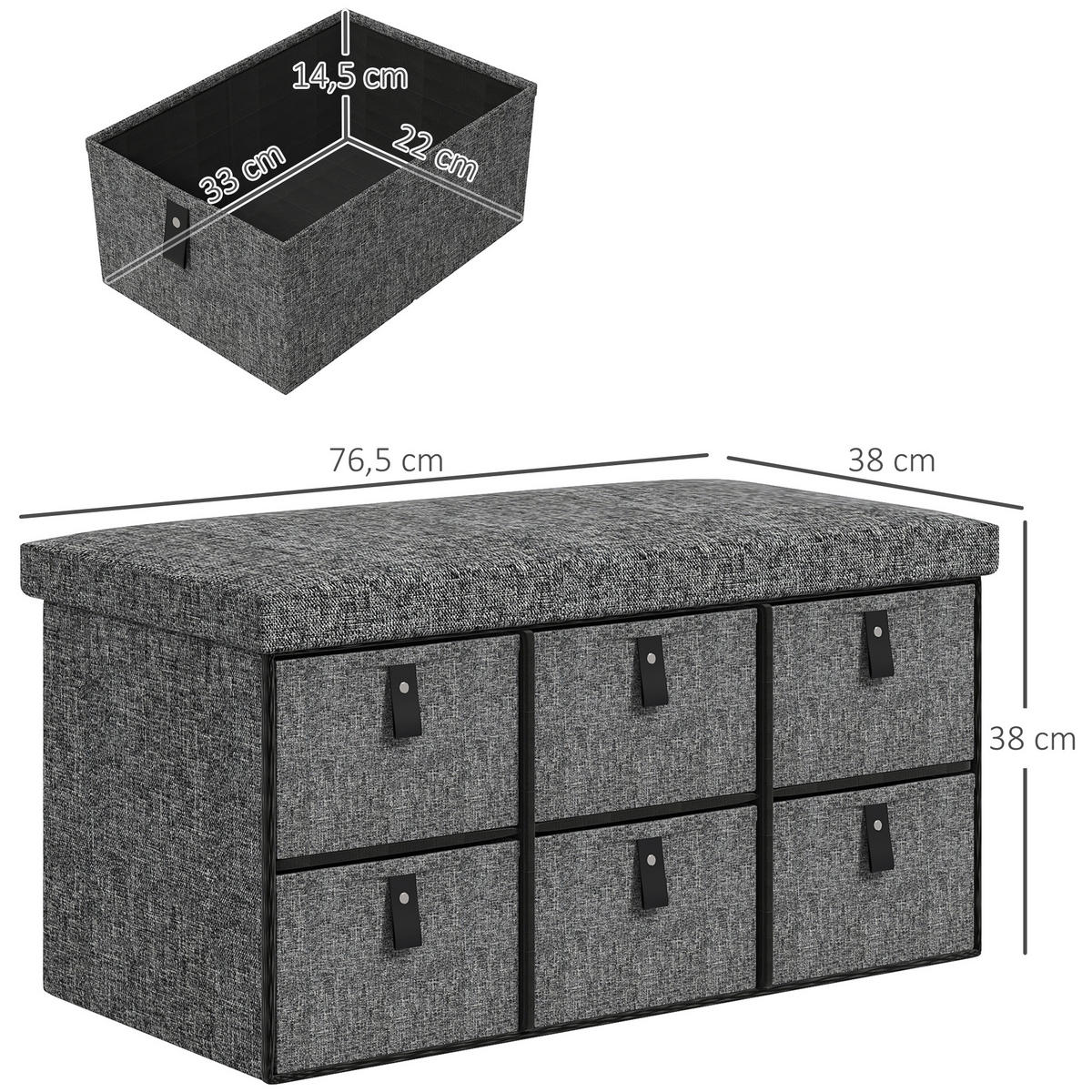 SCHUHBANK mit 6 Boxen, Dunkelgrau, 76,5 x 38 x 38 cm - Dunkelgrau, Textil (76.5/38/38cm) - HOMCOM