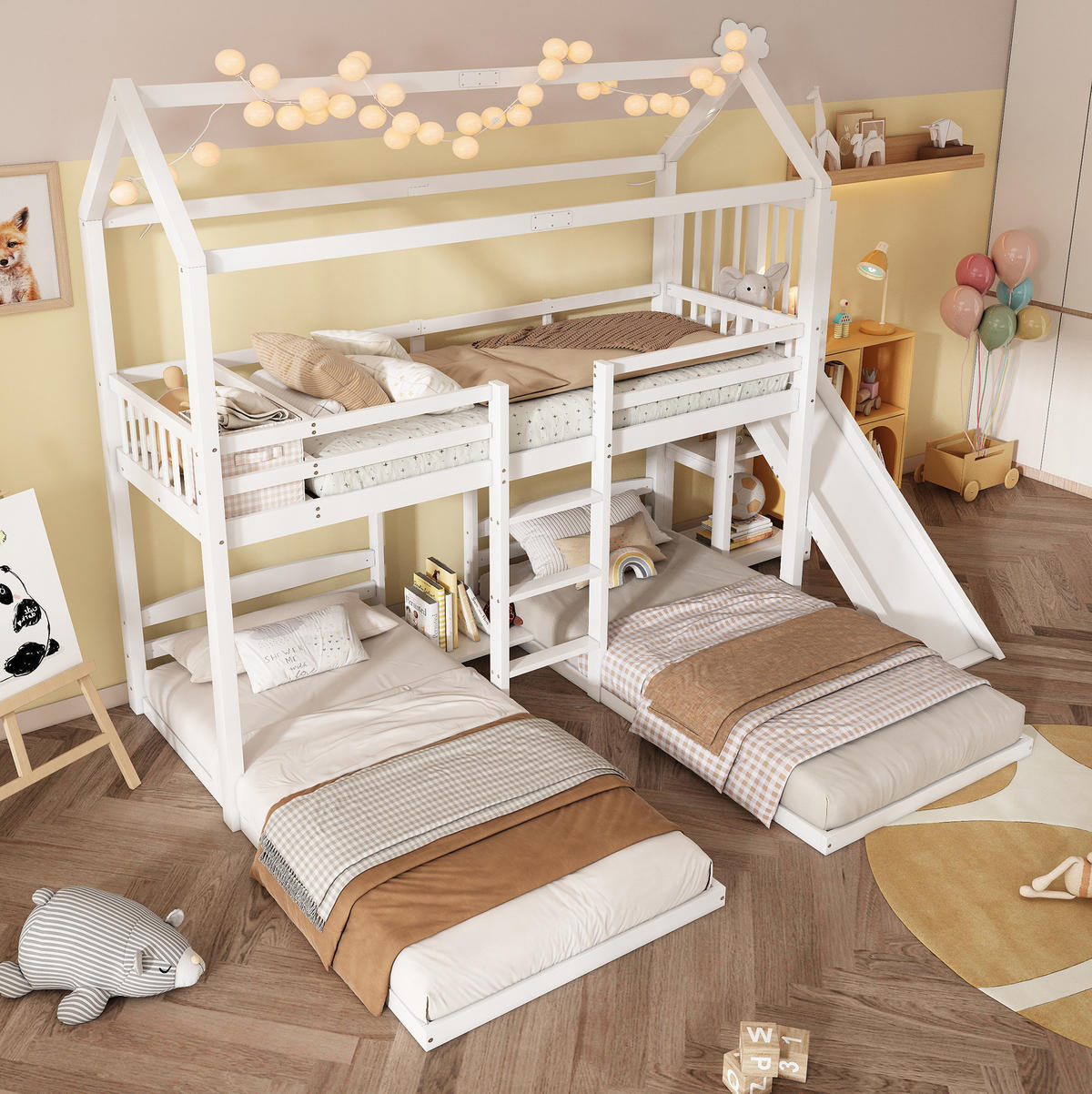 HAUSBETT 90/200 cm in Weiß mit Rutsche und Dachdesign - Weiß, Holz (90/200cm) - BEAOK