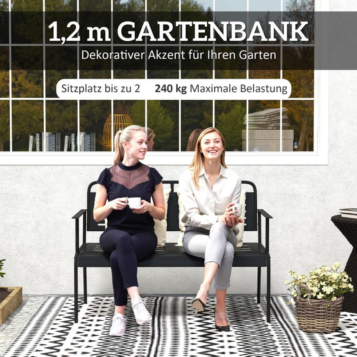GARTENBANK 121x64x84 cm 2 Sitzer 240 kg schwarz - Schwarz, Metall (121/84/64cm) - LEBENLANG