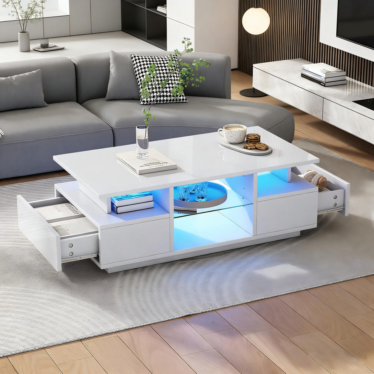 COUCHTISCH 100/50/36 cm Weiß aus Spanplatte mit LED-Beleuchtung und 2 Schubladen - Weiß, Holzwerkstoff (100/50/36cm) - OKWISH