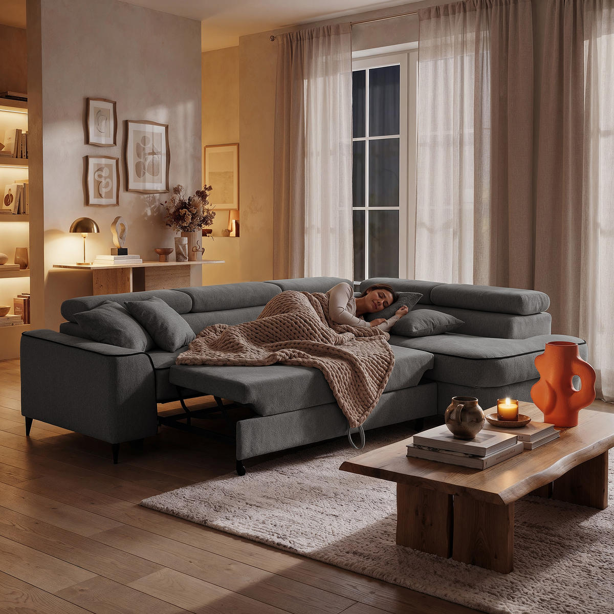 ECKSOFA EVER L Rechts mit Schlaffunktion 193x126 Chenille Grau - Schwarz/Grau, Holz/Textil (204/267cm) - Muffo