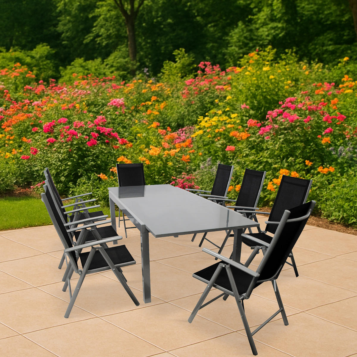GARTEN-GARNITUR Ashford - 9-teilig (8x Klappsessel mit Armlehnen, 1x Ausziehtisch 180/240x100cm) - Schwarz, Metall - TPFGarden