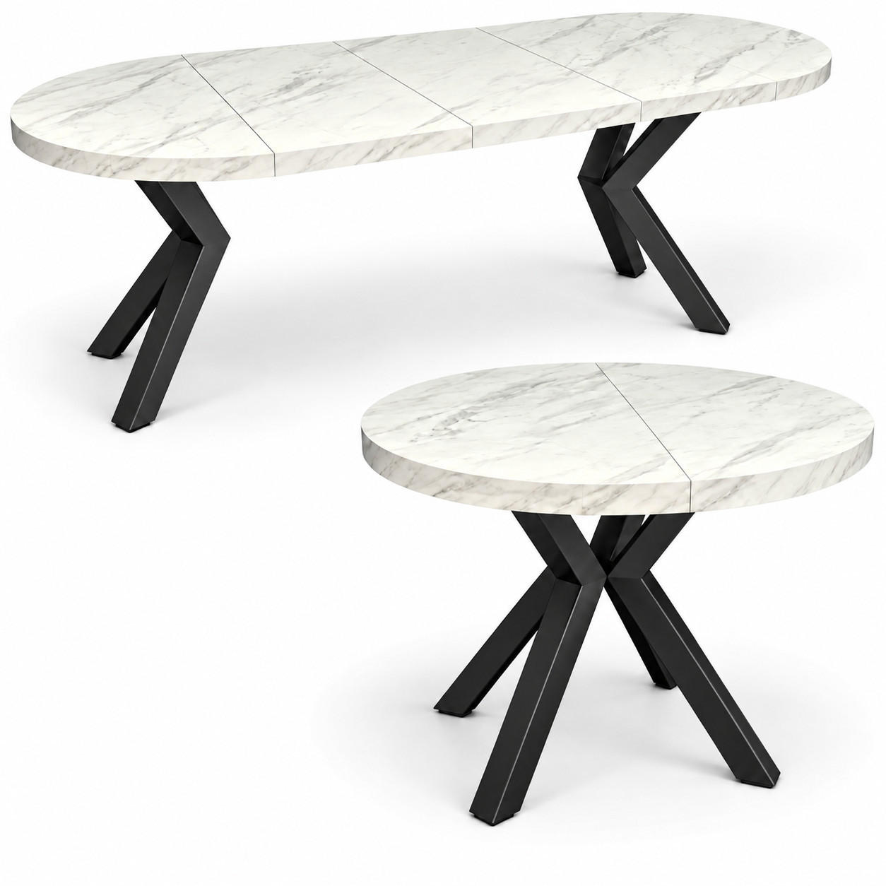 ESSTISCH rund ausziehbar 110/210/76 cm, Marmor, 54 cm Tischplatte + X Metallbeine Schwarz - Hellgrau/Schwarz, Holzwerkstoff/Metall (110/210/76cm) - Damale Möbel