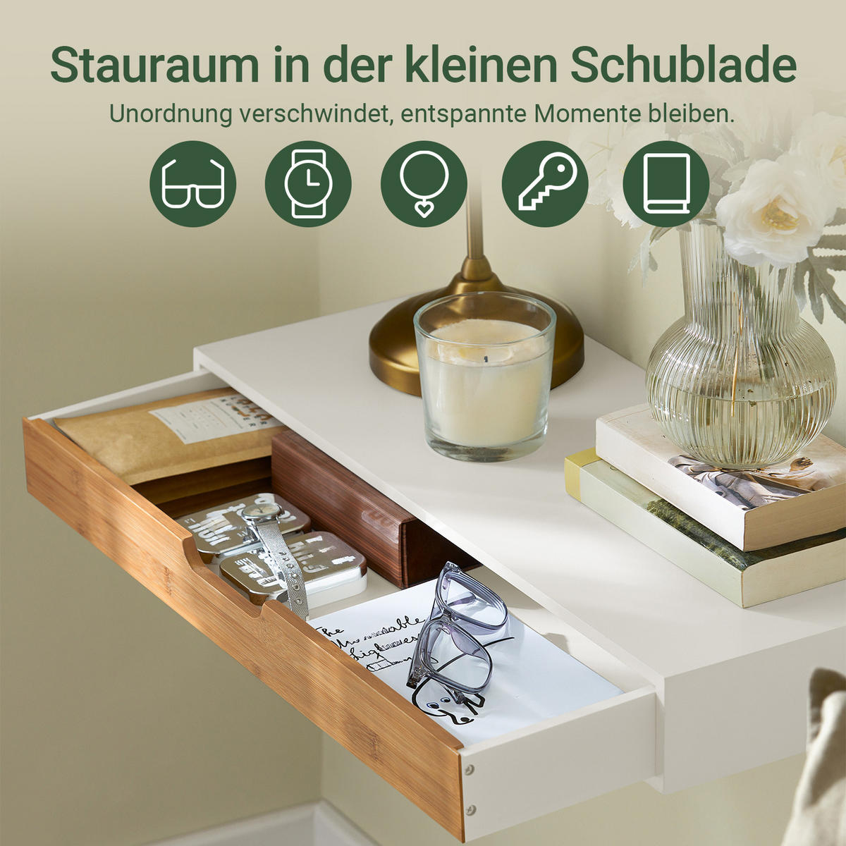 WANDREGAL mit verdeckter Schublade, 60 x 24 x 8 cm, weiß mit Bambusoptik, schwebend, für Schlafzimmer, Flur und Wohnzimmer - Weiß/Naturfarben, Holzwerkstoff (60/8/25cm) - SoBuy